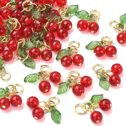 DanLingJewelry 30pcs Glass Red Cherry Acrylic 3D Charms with Loop for DIY Jewellery Making Accessories