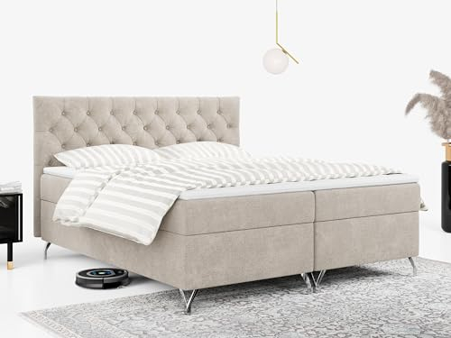 MKS MEBLE Boxspringbett 180x200, Bett 180x200 mit Matratze H3, Boxspringbett 180x200 mit Bettkasten und Topper, Polsterbett 180x200 Füße - GRIMALDI - 180x200 - Beige Struktur - H3