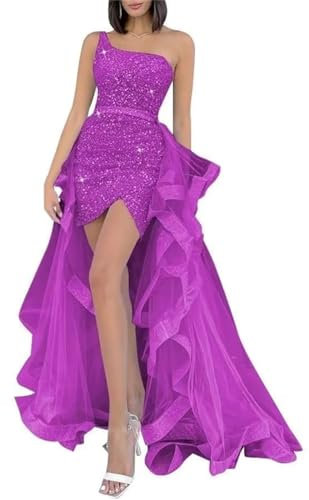 KURFACE Vestido de fiesta corto brillante con lentejuelas de un hombro para adolescentes con cola desmontable de tul WSX454, fucsia, 52 Más