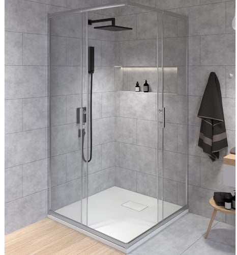 BADLAND Komplettes Set - Duschkabine HELA + Duschwanne VIDAR 90x90 193 cm - Quadratisch Duschabtrennung Transparent Nano Glas 6 mm, Duschtasse Weiß Steinoptik SMC mit Ablaufgarnitur Ø 90 mm