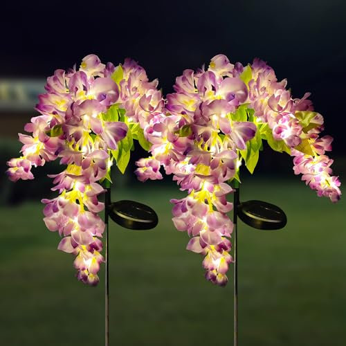 QINER Luci Esterno Giardino Energia Solare, Lampioni Luci Glicine Solari Esterno da Giardino 2 Modalitàcon Pannello Solare, IP65 Impermeabile Illuminazione per Esterni, Cour, Balcon [2 Pezzi Viola]