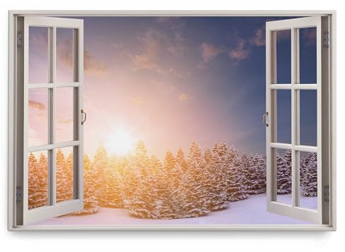 Paul Sinus Wandbild 120x80cm Fensterbild Sonnenuntergang Winterlandschaft Schnee Tannenwald