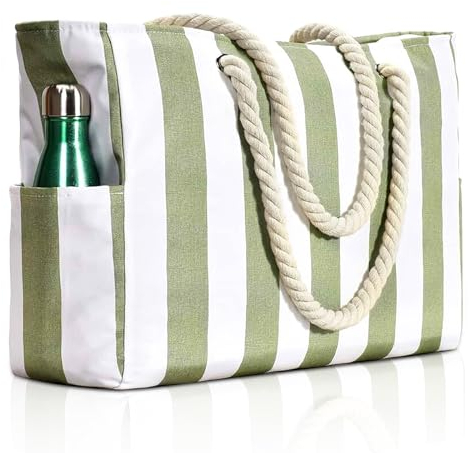 NCKIHRKK Strandtasche Badetasche Groß, Wasserdicht Strandtasche Grosse XXL Familie, Vielseitiger Damen Shopper Badetasche Schwimmtasche Saunatasche Beach Reisetasche Tote, Gestreift Grün