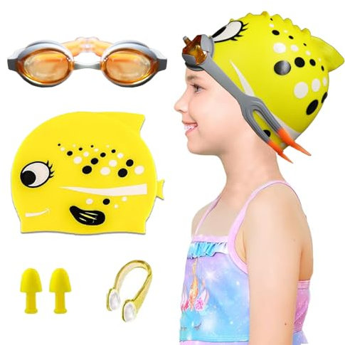 Crazybean Conjunto Gorro Piscina con Gafas Natación Tapones Oidos Pinza Nariz para Niños Niña Gorro Natación Pescado de Playa Pez Amarillo