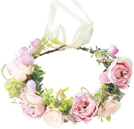Brikuinr Bridal Floral Crown Rose Flower Headband Hair Wreath Flower Halo Floral Headpiece Boho with Ribbon Wedding Party Festival