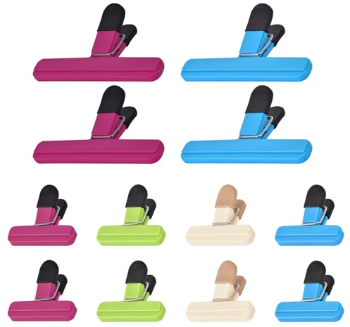 Zhtulck Bag Clips for Food Storage, 2 Sizes - 12 Pcs Food Bag Clips for Food Storage, Reusable Food Clips, Food Clips Bag Sealing Clips for Snacks Coffee Home Kitchen, 4 Color