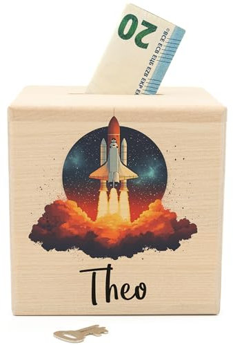 Geschenkfreude Personalisierte Spardose aus Holz - 10 x 10 cm - Sparschein Holz - Spardose mit Namen - Astronaut mädchen Rakete spardosen personalisiert Kind Taufe taufgeschenk Junge