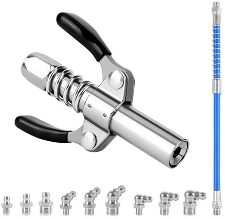 YYTECH Fettpresse Mundstück Doppelgriff G Coupler mit 30cm Schlauch und 9PCS M6 M8 M10 Schmiernippel, Fettpresse Adapter für Schmiernippel für von Fettpressen