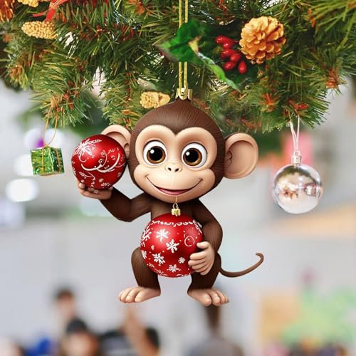 Weihnachtsaffe Hängende Ornamente Acryl 2D Christbaumschmuck Weihnachtsdeko Niedlich Monkey Christbaumanhänger Weihnachten AFFE-Figuren Anhänger Weihnachtsschmuck Weihnachtsanhänger Baumschmuck (C)