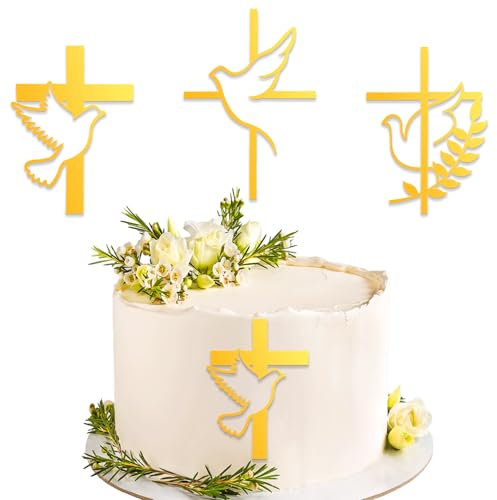 DazzJoy 3 Stück Cake Topper Taufe Kreuz, Acryl Firmung Tortendeko Taufe Mädchen, Gold, Firmung Deko Torten, Kommunion Tortendeko, Hochzeit, Babyparty