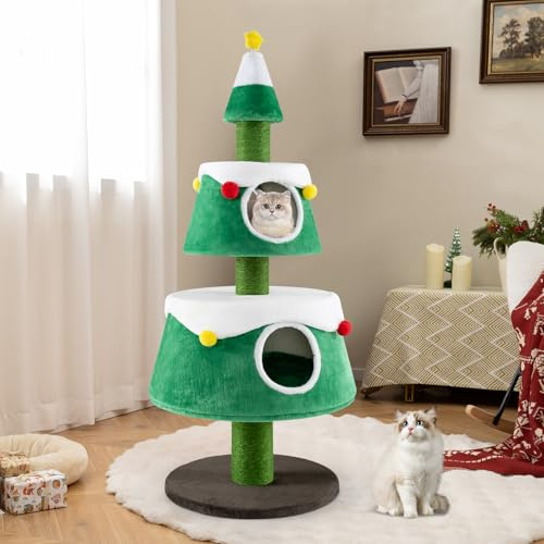 GYMAX Tiragraffi per Gatti a Forma di Albero di Natale, Torre da Interno con 2 Grotte, Giocattolo a Molla, Cuscini Rimovibil, Base Allargata, Centro di Attività per Gatti in Peluche, 70 x 153 cm