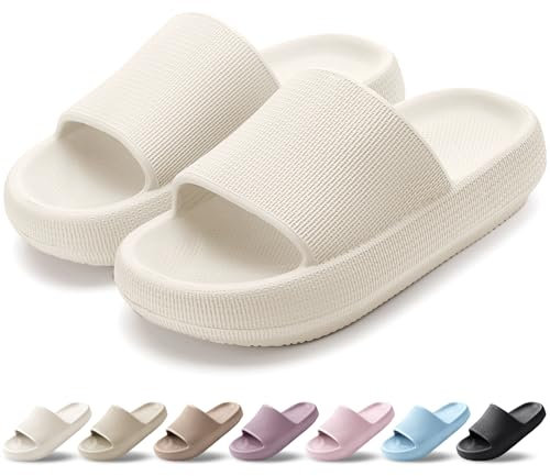 HEOAARG Badelatschen Herren Damen Rutschfest Badeschlappen Wolke Weich Schlappen Slippers Sommer Pantoletten Badesandalen Cozislides Flip Flops Innen/Außen，Beige，40-41 EU