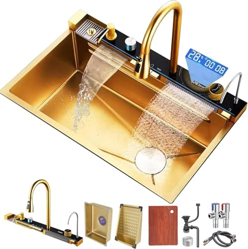 Fregadero Cocina, Fregadero de Acero Inoxidable 304, Fregadero de Cocina Multifuncional, Fregadero Cocina 1 Seno, Fregadero Empotrado con Grifo de Extracción y Varios Accesorios (Dorado, 75x45cm)