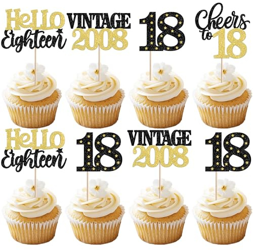 Xsstarmi 24 Pack 18th Birthday Cupcake Toppers Black Gold Glitter 18 Hello Eighteen Vintage 2008 Cupcake Picks Cheers to 18 Cake Decorations for 18 Fabulous Happy 18th Birrthday Party Supplies