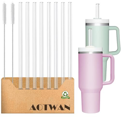 AOTWAN Glas Strohhalm für Stanley Cup 10 Stück Glasstrohhalme Lang 31cm, 8 Geraden Glas-Strohhalme mit 2 Reinigungsbürsten für Stanley Cup 30oz/40oz