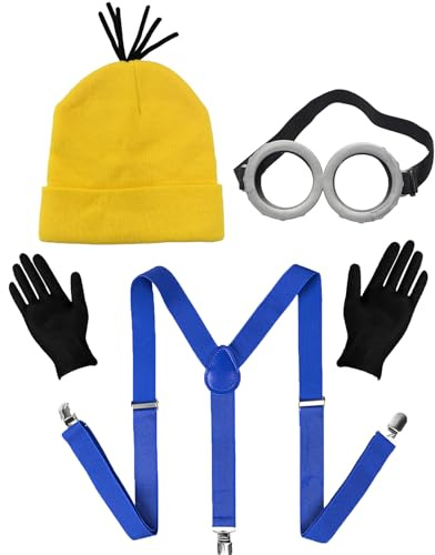 Carnavalife Gelbes Kostümzubehör für Cosplay, Halloween-Kostüm, Karneval, Brille, Handschuhe, kleine Freunde, lustige Freunde (4 Stück mit Mütze für Kinder)