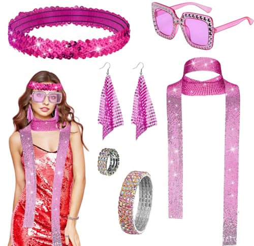 6 pièces Deguisement Disco Femme, Accessoire Costume Disco des Années 1970, Boucles d'Oreilles, Bandeau Paillettes, Lunettes de Soleil, Bracelet, Anneau et Foulard en Strass pour Soirée Carnaval