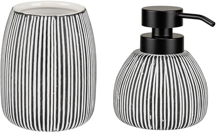 WENKO Seifenspender Mod. Pascoli 2-teiliges Bad-Accessoires Set mit Zahnputzbecher Keramik freistehend schwarz weiß 0,5 l 11 x 13 x 12 cm