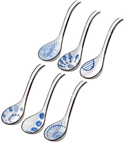 TOPPERFUN 6 Piezas Cuchara Sopera De Cerámica Azul y Blanca Cucharas De Paleta Para Arroz Alimentos Para Comer Sopa y Arroz Casa