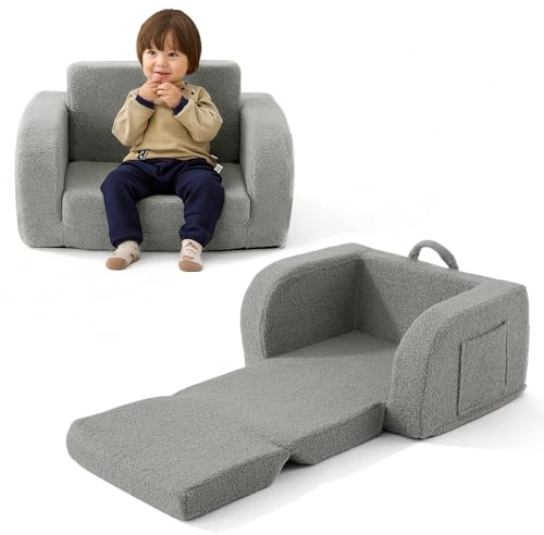 MuaMelop Toddler Chair, 2-in-1 Foldable Kids Couch for 1-3 Years Old, Grey