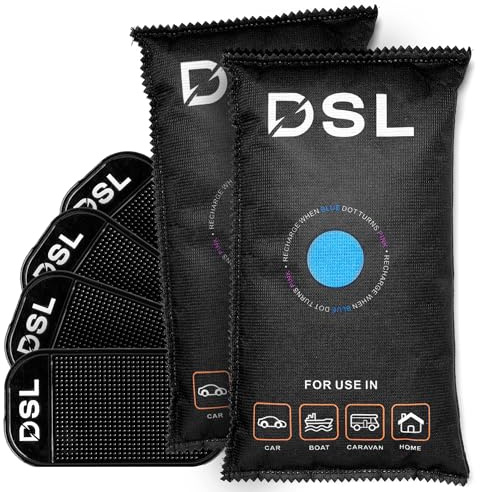DSL Reusable Car Dehumidifier Bags 2 Pack x 1kg – Microwave Reactivated Dehumidifier Bags with 4 Anti-Slip Pads – Moisture Fog Absorber & Condensation Remover for Cars, Vans, Caravans & Home