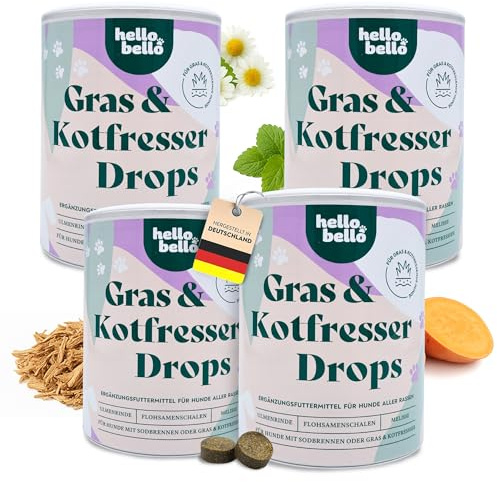 HELLOBELLO Kaltgepresste Ulmenrinde Gras- und Kotfresser Drops Hund 4x350g | Bei Sodbrennen - mit Ulmenrinde, Kamille, Melisse & Flohsamen