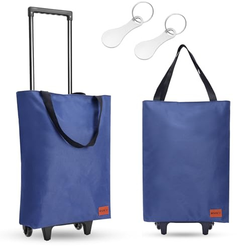 MOONCY 2-in-1 Einkaufstrolley, 30L Große Einkaufstasche auf Rollen, Leichter Einkaufswagen Klappbar für Camping und Reisen, Inklusive Einkaufswagenlöser, Blau