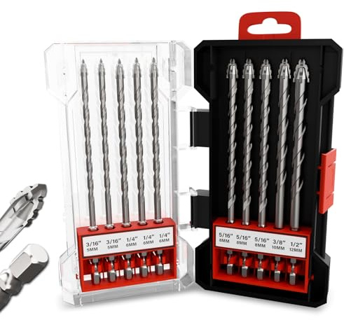 Masonry Drill Bit Set 10PCS (5‑12mm x 152mm) Carbide Tipped Hex Shank for Concrete, Brick, Tile, Glass, Ceramic, Wood & Plastic |Includes Storage Case