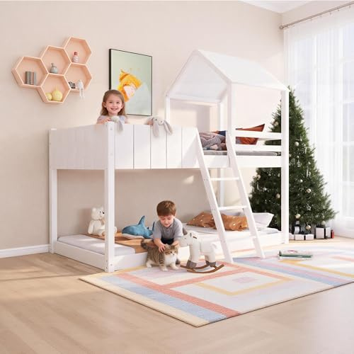Su & Chan Legence Bunk Bed for Kids with Ladder and Guard Rail, Wooden Loft Bed Frame with Treehouse Canopy, Space Saving, 90 x 190cm, White