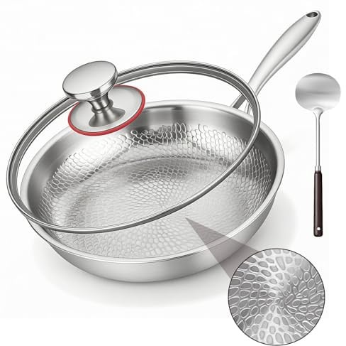 VeftBltrem Padella in titanio generica con spatola, antiaderente wok martellato in titanio per cucinare, utensili da cucina versatili per friggere, cuocere, bistecca, ristorante (26 cm)