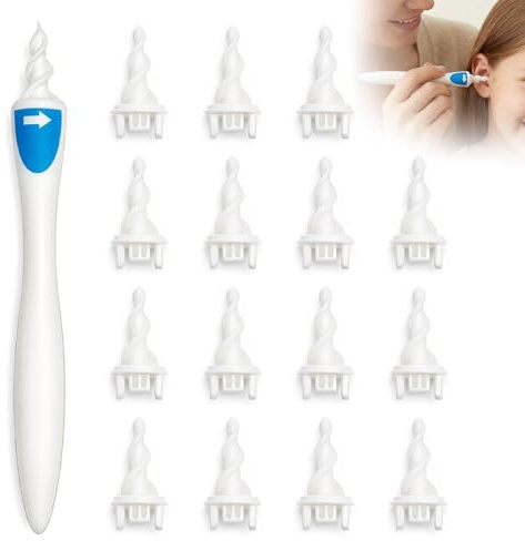 NYVOR 17PCS Nettoyant Oreille, 360 Degrés Spirale Silicone Nettoyage Oreille Doux Imperméable avec 16 Têtes de Remplacement Lavables, Éliminateur Cire pour Enlever Cérumen d'Oreille Enfants Adultes