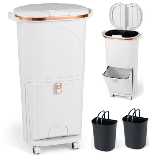 COSTWAY Recycling Bins, 38L/42L/43L Dry and Wet Separation Trash Can with 3 Compartments, Wheels, Stickers & Handle, Vertical Waste Separation System Pedal Garbage Can (White, 38L, 2 Lids)