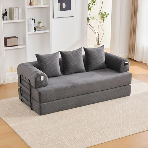 Ktipm Sofa Cama Plegable Modular 3 Plazas de 200 cm, Sofá Cama con 3 Cojines y Estructura Metálica, Sofa 3 Plazas con Bolsillo Lateral, Sofás Comprimidos Boneless Couch, Pana, 200x94x67 cm,Gris Oscuro
