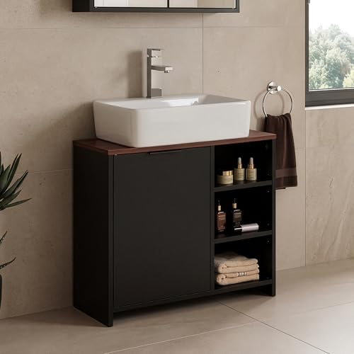 [en.casa] Waschbeckenunterschrank schmal Trond Badezimmer Schrank mit 1 Tür Siphonausschnitt Holz Dekor Badunterschrank 60 x 66 x 30 cm Waschtischunterschrank Schwarz/Walnussoptik