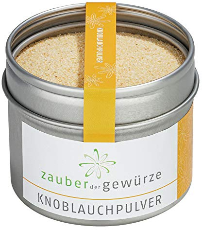 Zauber der Gewürze Knoblauchpulver - Knoblauch-Granulat, aromatisch, vegan, Gewürz-Allrounder für Suppen, Saucen, Fisch oder Fleisch, Spitzen-Qualität in wiederverschließbarer Aroma-Dose, 75 g