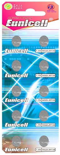 EUNICELL AG2 LR726 396A SR726SW 1,5V 28 mAh, 10 Knopfzellen für Uhren, LED