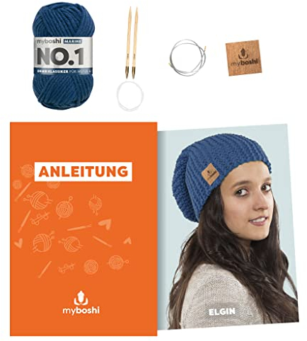 myboshi Strickset Mütze Elgin, Strickset für Anfänger, inkl. No.1 Wolle, Nadel und Anleitung, Label, Strickpaket, 30% Merinowolle Blau mit Rundstricknadel