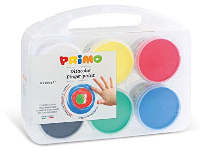 PRIMO – Malkoffer für Kinder ab 2 Jahren, Kleinkindalter, Fingermalfarben 100g mit 6 Temperafarben für Papier, Glas, Schreibwaren und Kreative Arbeiten, Dermatologisch Getestet