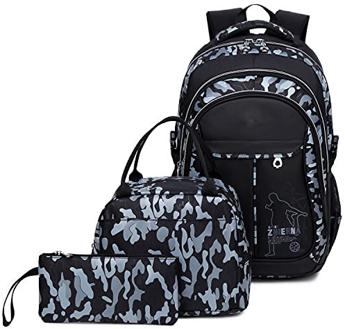Schulrucksack Jungen Teenager Wasserdicht Kinder Schulranzen Vintage Sport Freizeit Daypack Rucksack für Mädchen und Jungen (Schwarz)