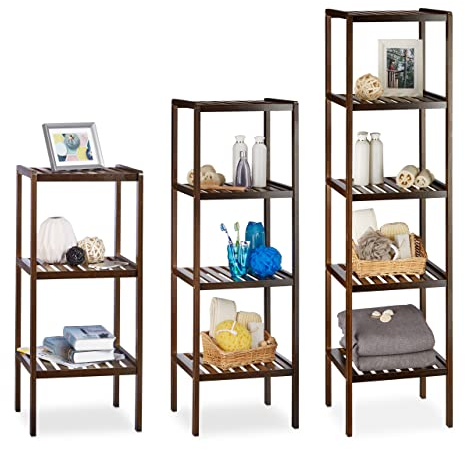 Relaxdays 3 TLG Badregal Set Bambus, Holzregal, Standregal, Bambusregal, Küchenregal, Bücherregal, 3, 4 und 5 Ablagen, Dunkelbraun