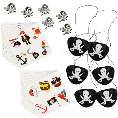 com-four® 24-teiliges Mitgebsel-Set Pirat - Ringe, temporäre Tattoos, Augenklappen für Kindergeburtstag und Mottoparty - Piraten-Party-Zubehör für 6 Kinder [Auswahl variiert] (Set 07 - 24-teilig)