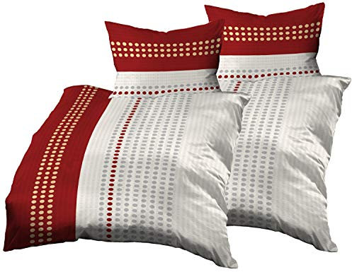 Gerald Wittmann 4teilig Bettwäsche-Set 2X 140x200 cm + 2X 70x90 cm, Baumwolle Seersucker, Gepunktet Streifen Rot Gelb Weiß