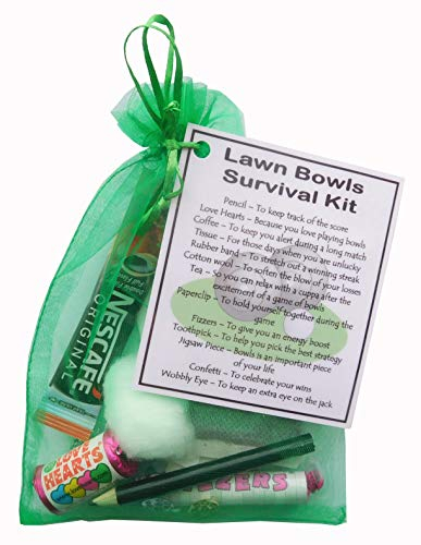 SMILE GIFTS UK Lawn Bowls Survival Kit Gift (Small Novelty Bowling Present) Green Bag.