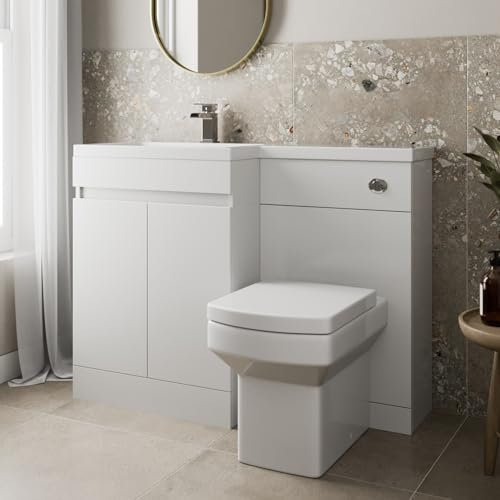 Artis 1100mm Combination Vanity Unit Furniture Set, Wash Basin Bathroom Sink, BTW Toilet Pan & Soft Close Seat, L Shaped Storage Cabinet, Left Hand, White Gloss