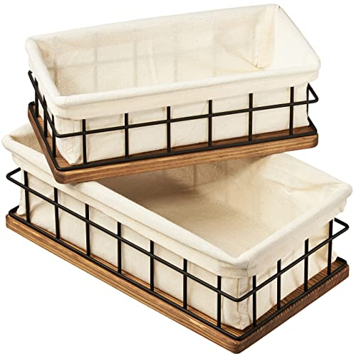Kleine Draht- und Holzkörbe, 2er-Set – Aufbewahrungsboxen aus Holz für Bauernhaus, Badezimmer-Dekor, Toilettenpapier-Aufbewahrung, Badezimmer-Schilder (Walnuss, mittel) – Geschenk zum Einzug