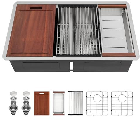 30 Kitchen Sink Double Bowl - Sarlai 30 x 19 inch Undermount Sink Stainless Steel 16 Gauge Two Basin Low Divider 50/50 Under Counter Deep Kitchen Sinks with Accessories