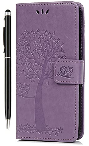 Reevermap Samsung Galaxy S21 FE Case 5G Flip Premium Wallet Phone Case Shockproof PU Leather Owl Tree Magnet Cover for Samsung Galaxy S21 FE 5G with Kickstand Card Holder & 1 Touch Pen, Light Purple