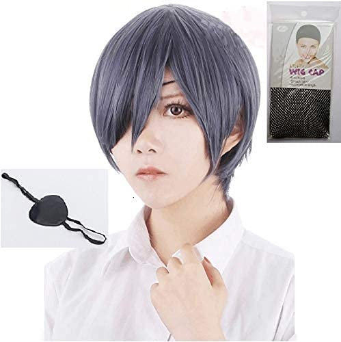 Chtom Anime Black Butler KUROSHITSUJI CIEL Phantomhive Perücken Grau Mischblau Kurzes Synthetisches Haar Cosplay Perücke + Black Eyepatch + Perücke Kappe