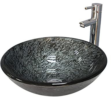 Ksunun Waschbecken Grau Gehärtetes Glas Aufsatzwaschbecken Modernes Design Runden Handwaschbecken mit Messing Wasserhahn und Wasserablauf, Montagering, für Bad und Gäste WC