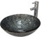 Ksunun Waschbecken Grau Gehärtetes Glas Aufsatzwaschbecken Modernes Design Runden Handwaschbecken mit Messing Wasserhahn und Wasserablauf, Montagering, für Bad und Gäste WC